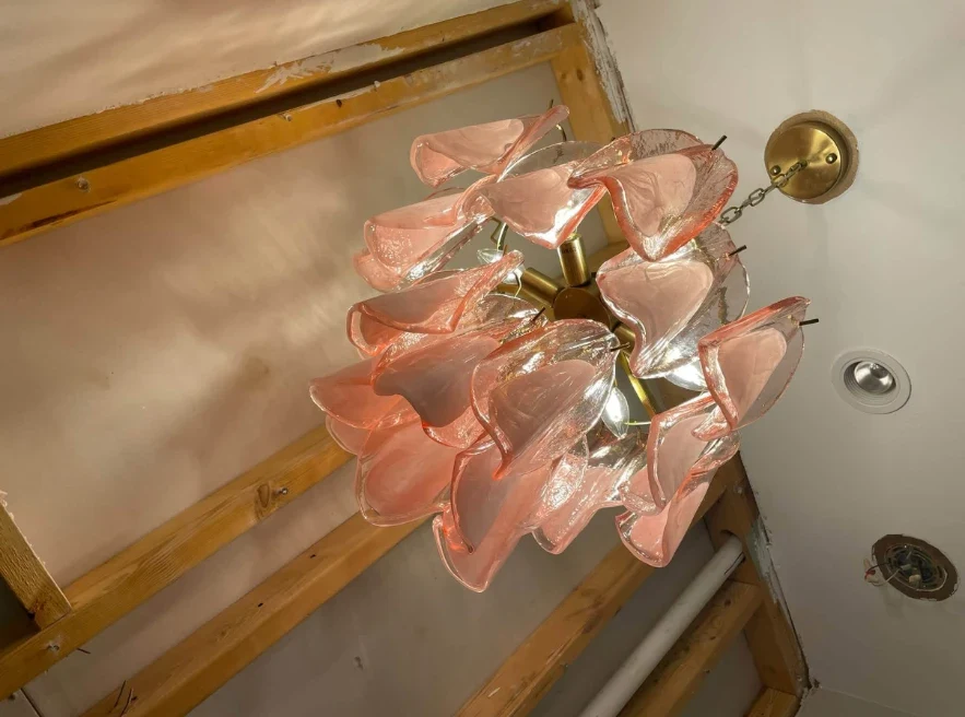 Pink Murano-style glass chandelier installation